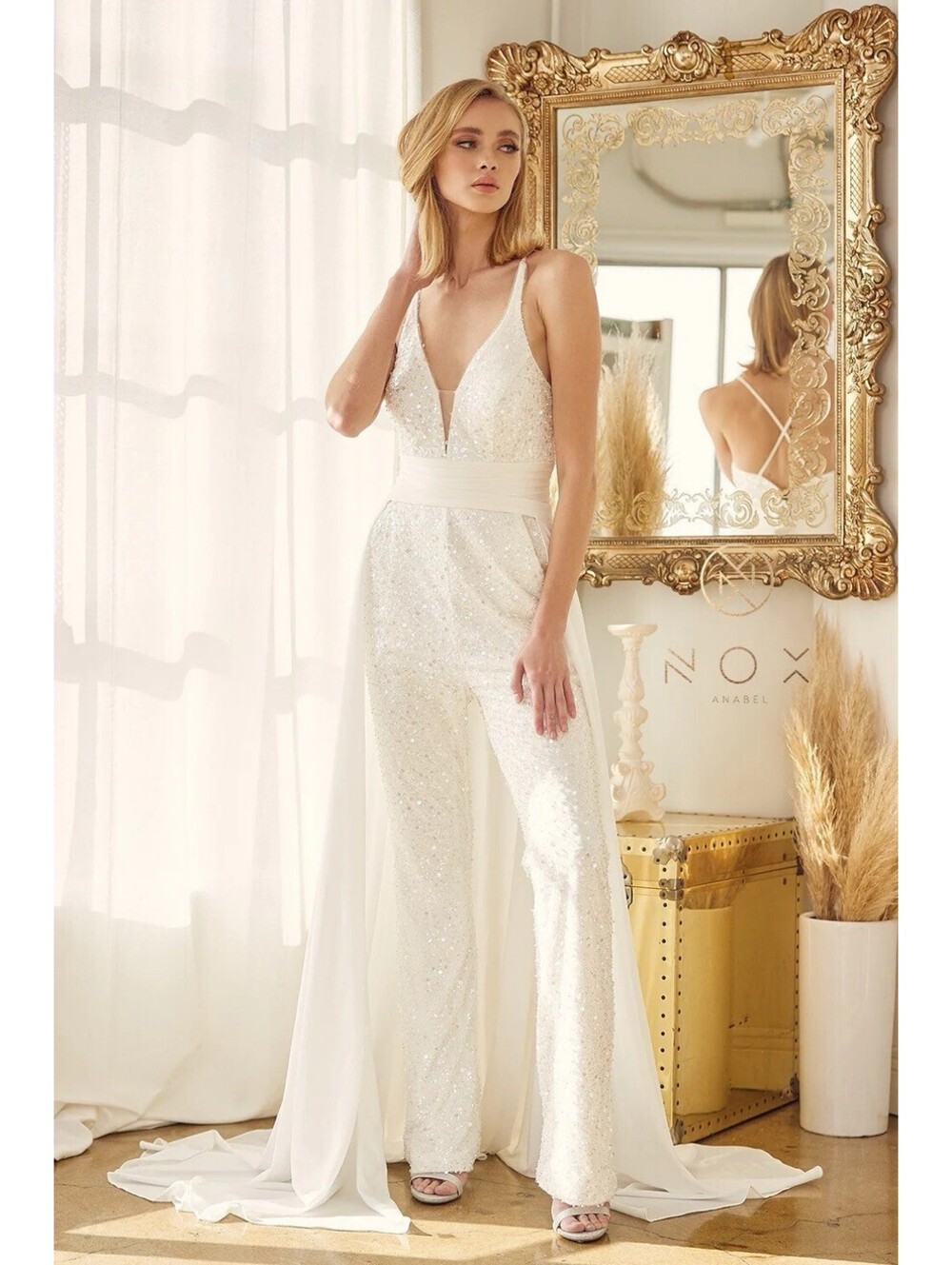 White Sequin Plunging V-Neck Bridal Wedding Jumpsuit Pants Detachable Overskirt